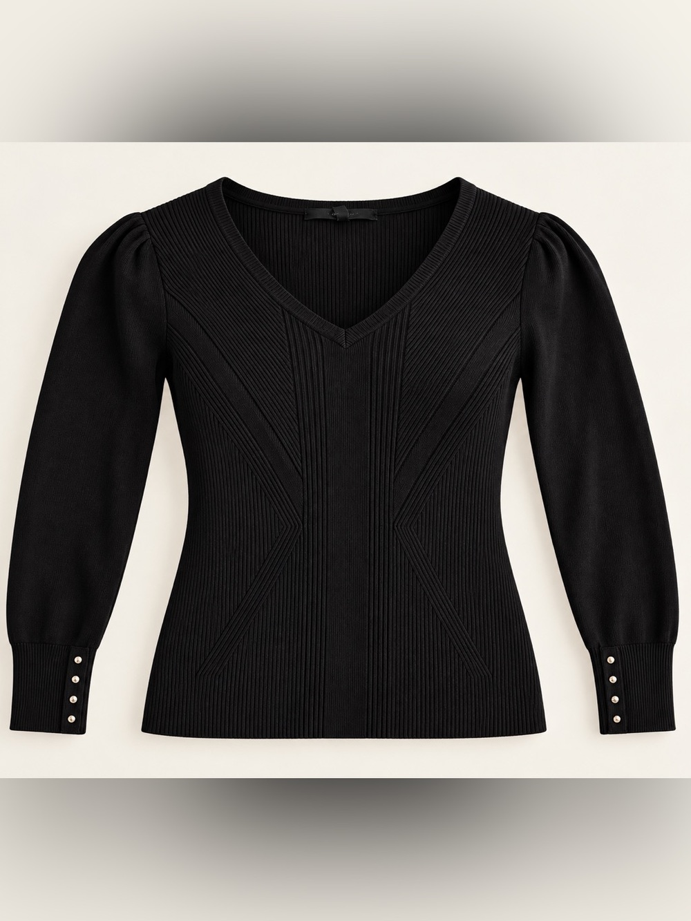 White House Black Market Black Ribbed V-Neck Sweater Medium Button Cuffs
